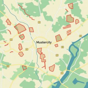 zumutbarer Schulweg: Musterstadtkarte mit gekennzeichneten gefährlichen Gebieten und Straßen